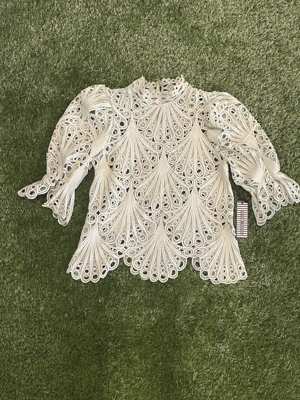 Haute Monde NWT Sage Green Crochet Lace Mock Neck Blouse Puff Sleeve Women's S